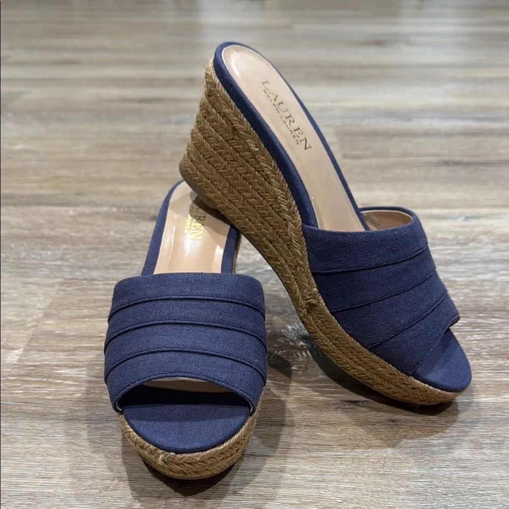 Lauren Ralph Lauren Size 7 B Navy Wedge Espadrilles KARLIA-ES-CSL - Picture 1 of 16